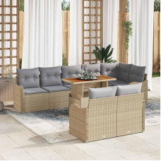 9-teiliges Outdoor-Sofa-Set Beige mit 4 Armsofas, Ecksitz und 3 Sitzen als Gartenmöbel-Set mit Poly-Rattan und Kissen