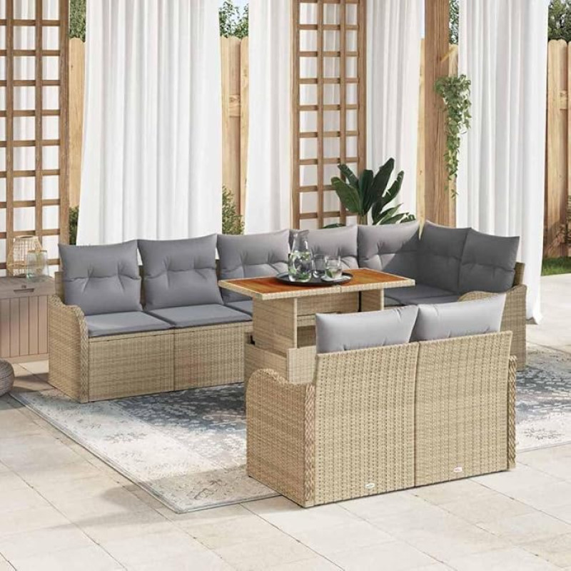 9-teiliges Outdoor-Sofa-Set Beige mit 4 Armsofas, Ecksitz und 3 Sitzen als Gartenmöbel-Set mit Poly-Rattan und Kissen