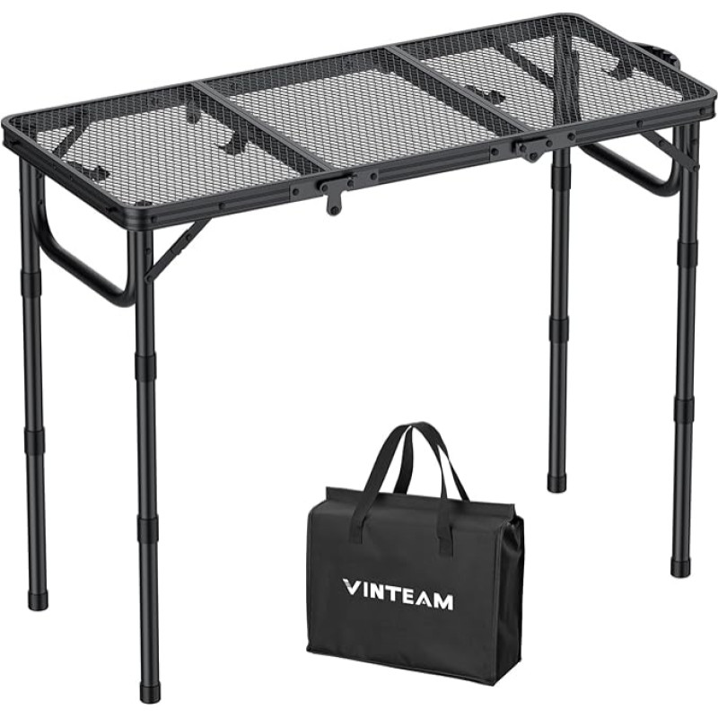 VINTEAM sulankstomas stovyklavimo stalas, 87 x 40 cm, 3 sulankstymai, 3 kryptimis reguliuojamas aukštis, aliuminio metalinis tinklinis stalas, sodo stalas, grilio stalas su metaliniu tinkleliu, idealiai tinka stovyklavimui, griliui, piknikui ir sodui
