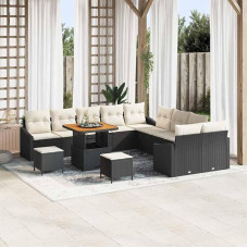 Modulares Terrassen-Set Schwarz, Gartensofa-Set 13-teilig mit Kissen und Stauraum als Outdoor-Sofa-Gruppe, Poly Rattan Gartenmöbel-Set mit 4 Armsofas, 6 Zweisitzern, 2 Hockern, 1