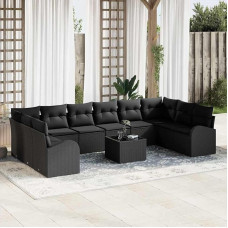 10-teiliges Gartensofa-Set mit Kissen in Schwarz aus Poly-Rattan - Gartenmöbel-Set 10 Stück für Outdoor-Bereich als komfortable Sofa-Garnitur