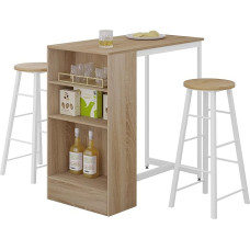 WOLTU Dining Room Set, Bar Table with 2 Bar Stools, 3-Piece Bar Table Set, Kitchen Table with 3 Levels, Bistro Table for Kitchen, Dining Room, Bistro, Light Oak + White
