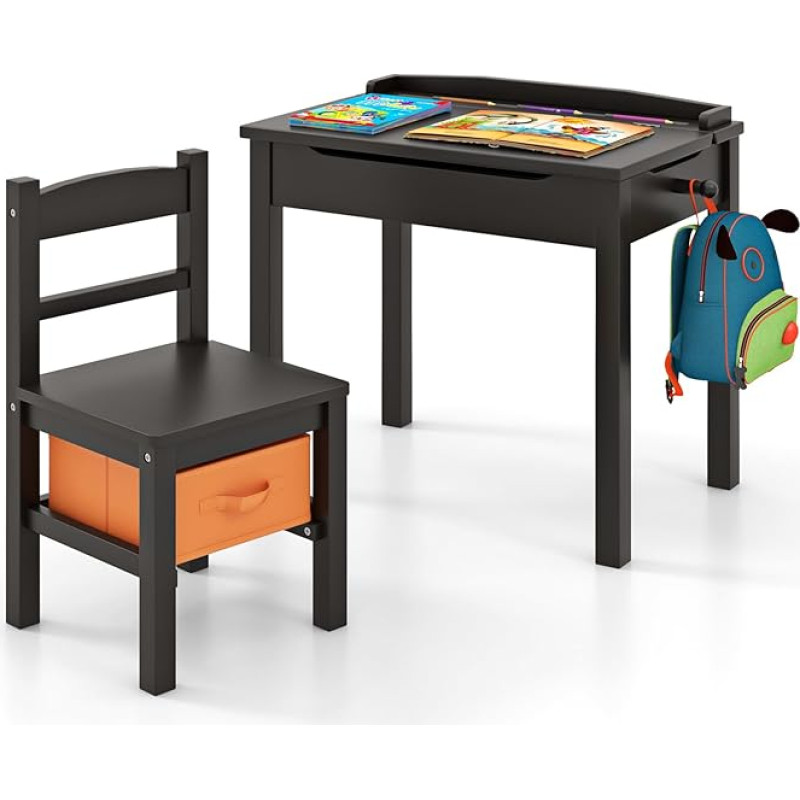 FANTASK Children's Table Set, Desk Solid Wood with Folding Table Top, 7 Drawers for Children from 3 Years, Activity Table with Hooks, Storage Compartment Box for Children's Room, Brown