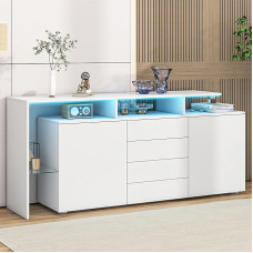 Svetainės komoda su 2 durimis ir 4 stalčiais, bufeto spintelė su LED apšvietimu ir 2 atvirais skyriais, svetainės spintelė, vitrina, balta, aukšta lenta, 160 x 35 x 70 cm