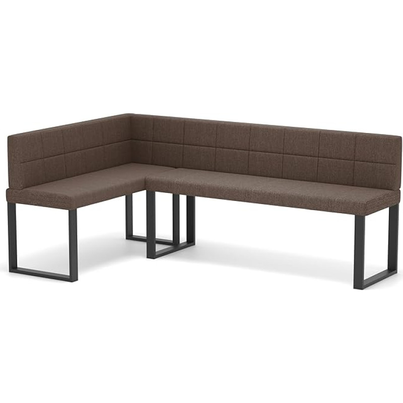 Dešinysis / kairysis 142 x 196 cm valgomojo suolas su atlošu ant metalinių kojų - universalus minkštas kampinis suolas valgomajam - sėdynės aukštis 42 cm
