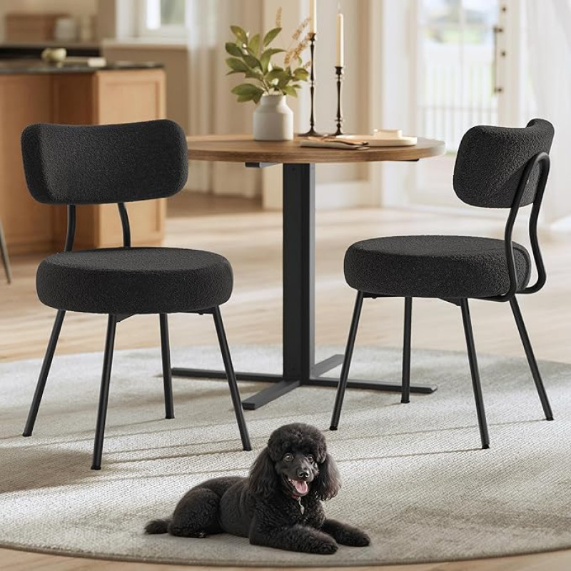VASAGLE KDC110B01 Valgomojo kėdės 2 virtuvės kėdžių komplektas Minkšta kėdė Fleece paviršius Išlenkta nugara Plieninis rėmas Modernus rašalas Juoda