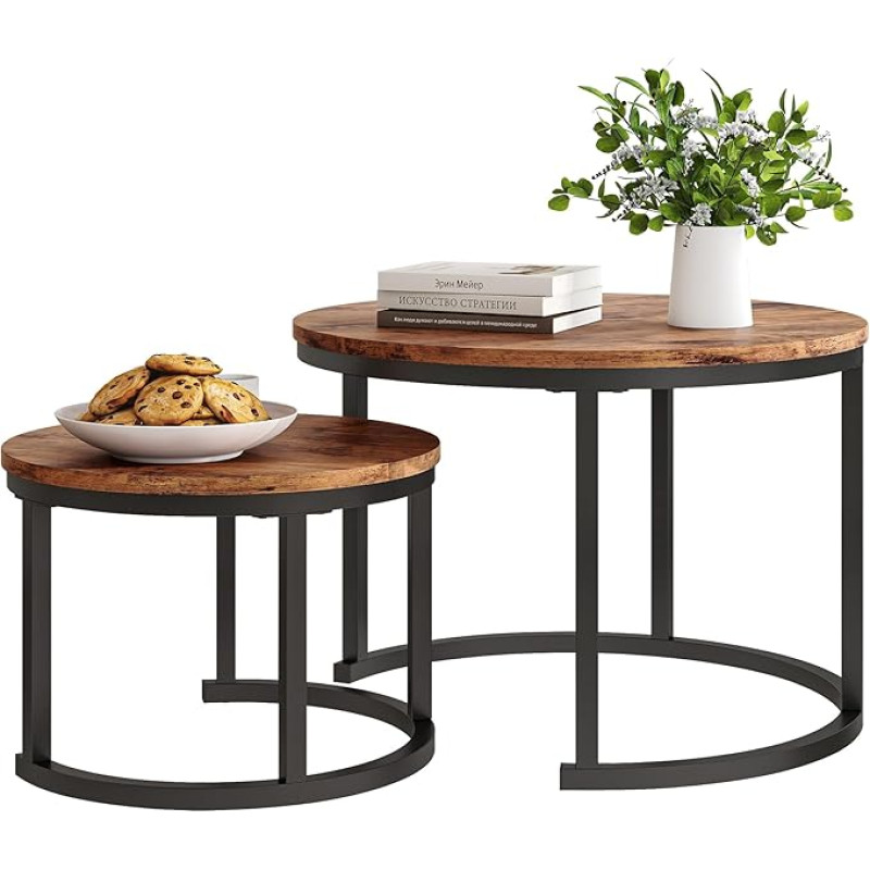 Apvalus kavos staliukas, 2 vnt., sofos kavos staliukas, industrinis stilius, metaliniai ir mediniai staliukai, vintažiniai sofos staliukai, metalinis staliukas, 2 vnt., 50 ir 70 cm, rudos spalvos