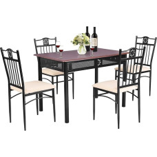 COSTWAY 5 dalių valgomojo stalo komplektas, valgomojo komplektas su 4 minkštomis kėdėmis, virtuvės stalas, bistro stalas, valgomojo kambario komplektas, 4 žmonėms, mediena virtuvei, valgomajam (ruda)
