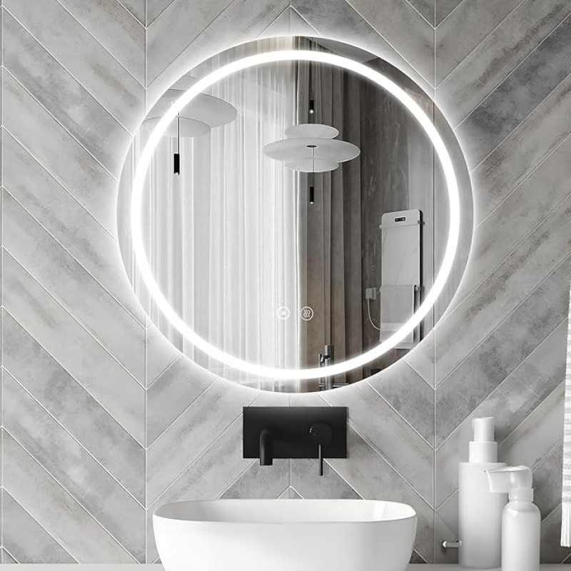 LED vonios veidrodis Apvalus 70 cm vonios veidrodis su apšvietimu, 3 spalvų šviesa, reguliuojamas apšvietimas, vonios veidrodis su atminties funkcija ir jutikliniu jungikliu, IP52 energijos taupymas