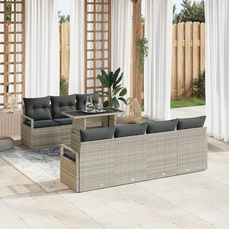 Modulares Gartensofa-Set 8 Stück mit Kissen in Schwarz und Creme aus Poly-Rattan als 8teiliges Outdoor-Sofa-Set für den Garten
