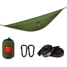 Lauko hamakas nailoninis kempingo kelioninis hamakas - itin lengvas kelioninis hamakas su dviem medžio diržais 270 x 145 cm, skirtas kempingui, kuprinei, žygiams, piknikui, sodui, paplūdimiui (žalias)