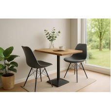 SAM INES valgomojo rinkinys | 80 x 60 cm | Bistro stalas iš mango medžio masyvo + natūralios medienos | Tikras faneros kraštas | Stulpelio pagrindas juodas | 2 x dubeninės kėdės 