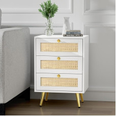 Ratano naktinis staliukas, 3 stalčių komoda miegamajame, mažas staliukas, modernus boho ūkinis staliukas, medinis mažas staliukas svetainėje, baltas