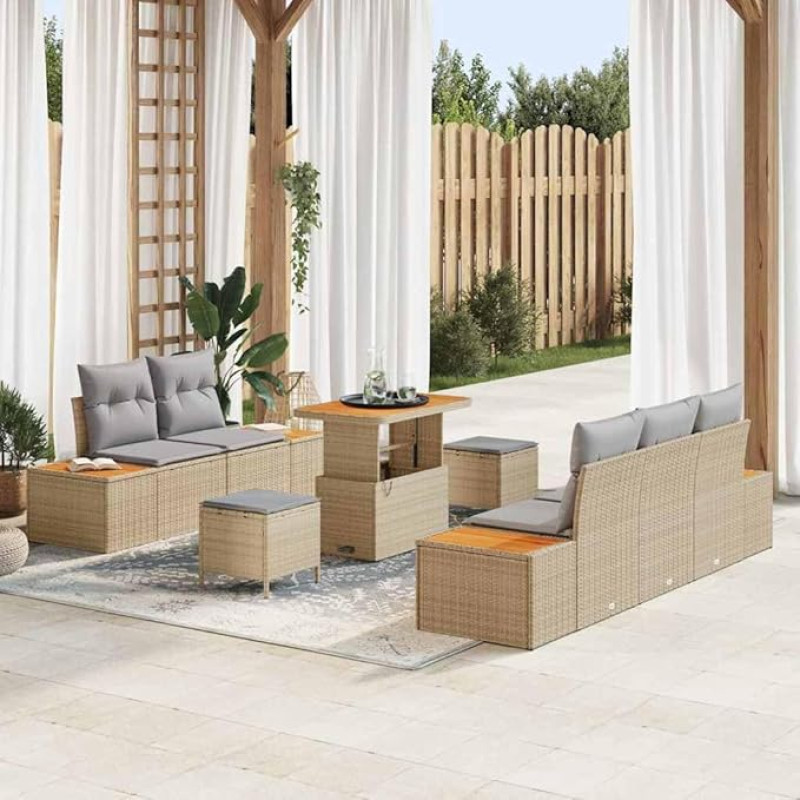 Garten-Sofa-Set 8-teilig mit Stauraum und Kissen - 8-teiliges Garten-Sofa-Set mit verstecktem Stauraum und wasserabweisenden Kissen für den Außenbereich in Beige und Hellgrau