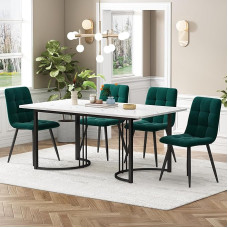 Dining Table Set 140 x 80 cm with 4 Chairs, Linen Dining Set, Kitchen Dining Table for Home and Family, Black Metal Table Legs (Dark Green B)