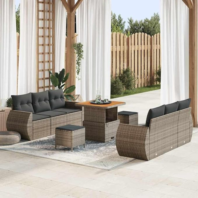 Lauko sofos komplektas Grau Poly-Rattan Garten-Sofa-Set 9-teilig mit Tisch und Kissen Gartensofa-Set 9-teilig mit Stauraum