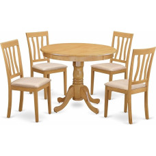 East West Furniture Antique 5 Piece Room Set Includes Round Wooden Table with Base and 4 Linen Fabric Kitchen Dining Chairs, 36
