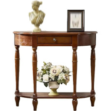 Konsolentisch Halbmond Massivholz Vintage,Halbkreis Konsole mit Schublade und Regal für Flur und Eingangsbereich, dekoratyvi sofa Wohnzimmer(Walnut,35.4
