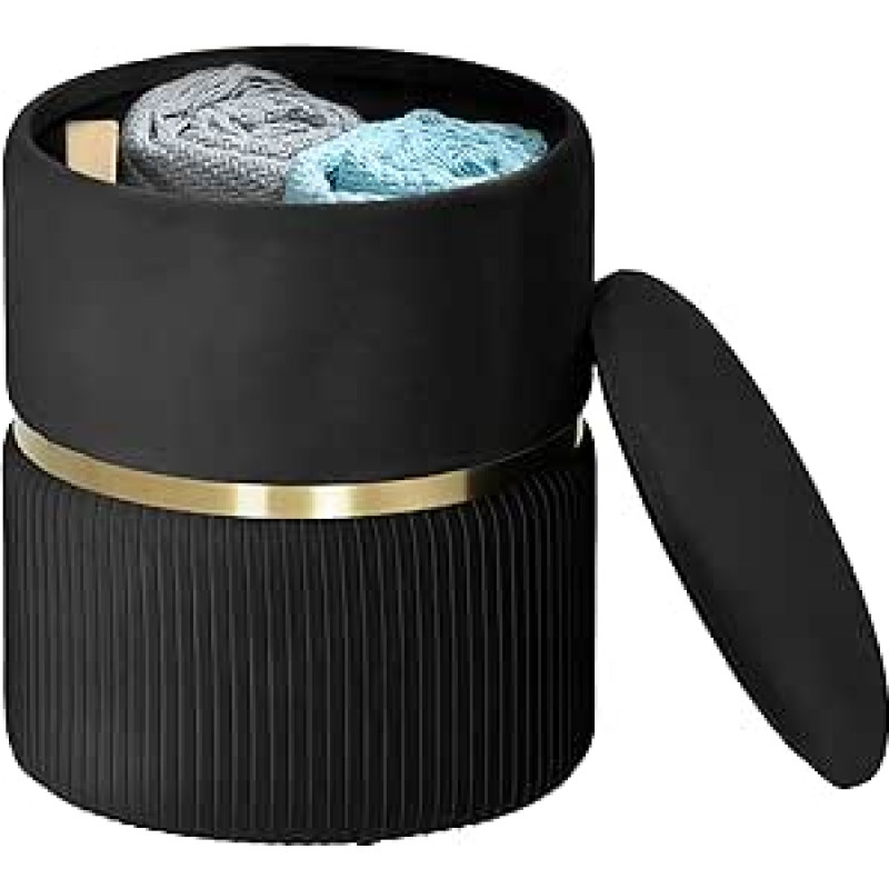 HOMCOM Round Storage Stool Velvet Fabric Padded Makeup Stool with Removable Top Padded Seat and Hidden Space for Living Room Bedroom Black