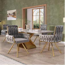 Merax Swivel Chairs, Set of 4, Modern Dining Room Chairs with High Backrest, Upholstered Velvet Chair, Armrest Chair, Swivel with Metal Legs, for Dining Room, Living Room, Bedroom, Grey