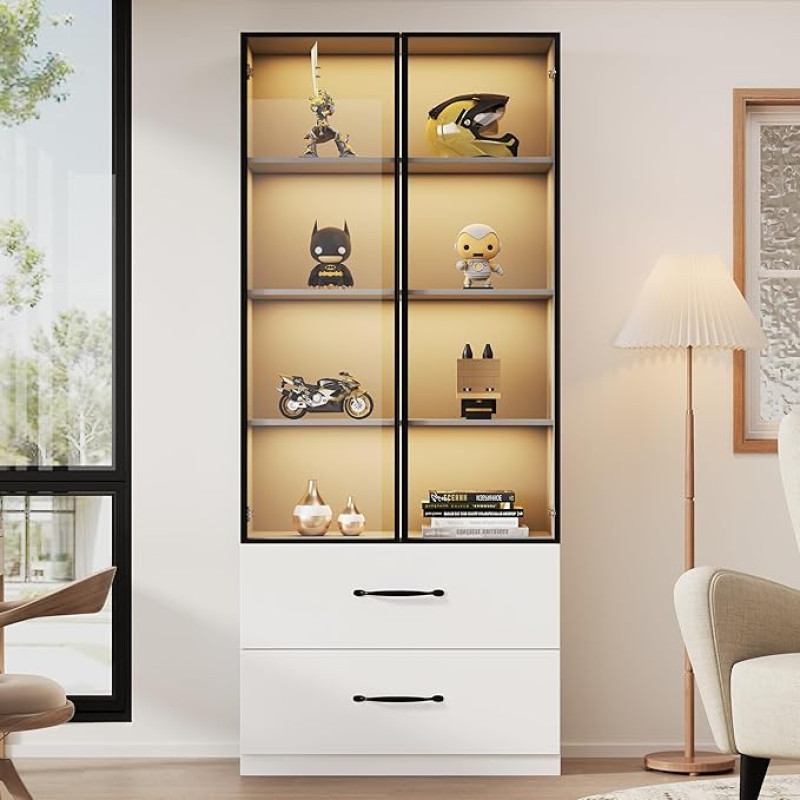 LED vitrina 60 x 40 x 160 cm, knygų spinta ir daugiafunkcinė spinta su stikliniais ir atvirais skyriais, 