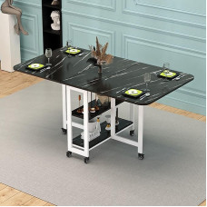 Klapptisch Klappbarer Esstisch mit 6 Rädern, 2-lagigem Lagerregal, Klapptisch, Klappbarer Esstisch für Küche/Bauernhaus/Wohnzimmer für 4-6 Personen (Farbe: Stil 3, Größe: L150 x B8