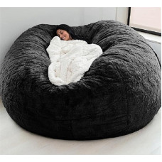 Milžiniškas kailinis Bean Bag kėdės dangtis vaikams suaugusiems (be užpildo) Gyvenamojo kambario baldai didelis apvalus minkštas minkštas pūkuotas dirbtinis kailis Bean Bag tingus sofos lovos dangtis (juodas, 6 pėdų)