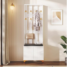 Garderobenset mit Schuhbank & Kissen - Flurgarderobe Weiß mit goldenen Haken & Push-to-Open, kompakte Garderobe mit Spiegel-Optik, Garderobenschrank mit Sitzbank für Flur & Diele
