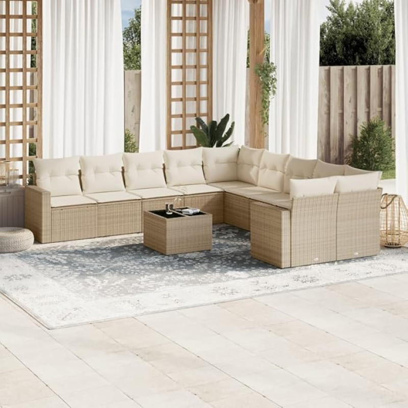 11-TLG. Garten Sofagarnitur mit Kissen Beige Poly Rattan und Stauraum, Gartenmöbel Set als modulares Garten Sofa für Terrasse und