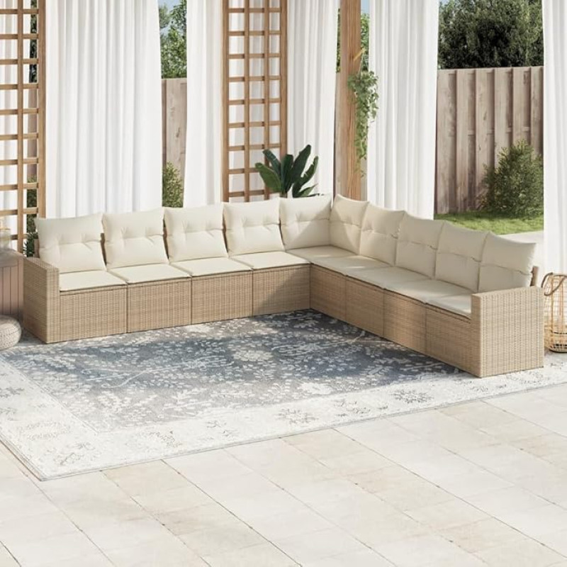 9-TLG. Garten-Sofagarnitur mit Kissen Beige Poly Rattan, Gartenmöbel Set 9-TLG. Beige Poly Rattan, PE Sofagarnitur mit Kissen und Stauraum