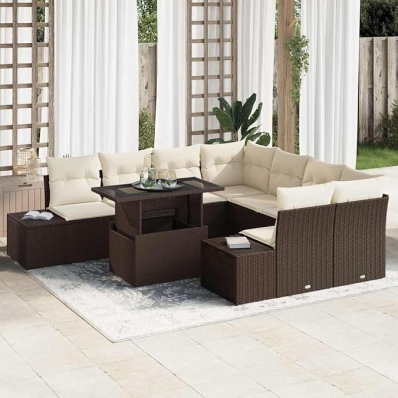 Modulares Gartensofa-Set Poly-Rattan 9-teilig in Braun und Creme mit Kissen und höhenverstellbarem Tisch
