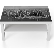DEQORI stiklinis staliukas | Baltas didelis 90 x 50 cm | Niujorko šešėlių motyvas | Neįprastas stiklinis staliukas | Blizgus žurnalinis staliukas svetainei | Modernus sofos staliukas su dizainu