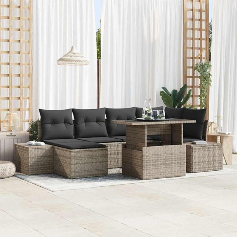 Modulares Gartensofa Set 7 Stück Schwarz Creme Outdoor Sofagarnitur 7-teilig mit Kissen als Gartenmöbel Set 7 Teile aus Poly-Rattan