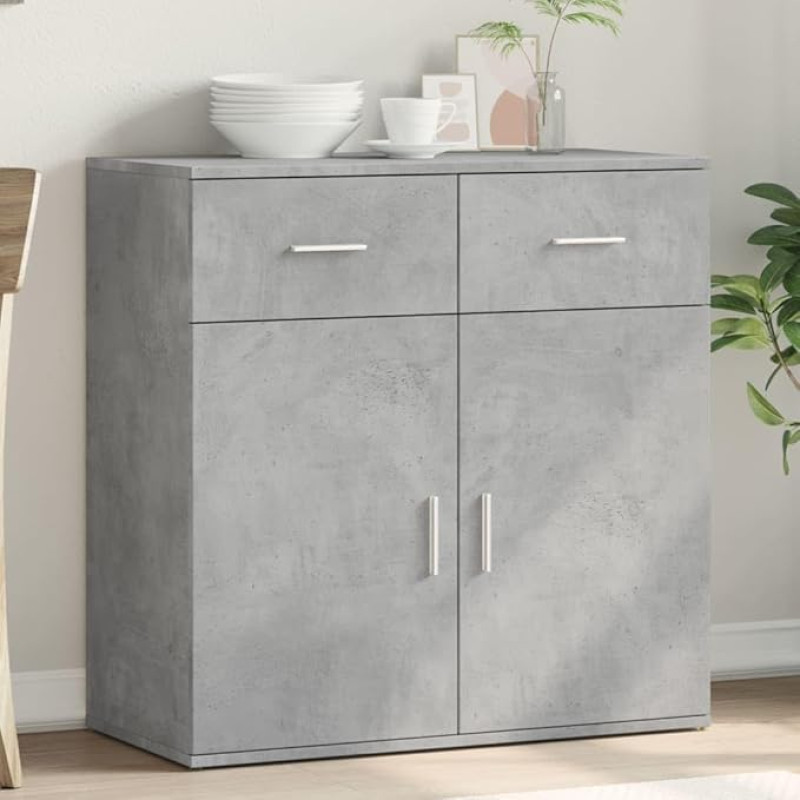 Aufbewahrungsschrank mit 2 Schubladen und 2 Türen, Anrichte, Betongrau, 79 x 38 x 80 cm, Holz, Seitenschrank, Esszimmerschrank für Küche, Wohnzimmer, Schlafzimmer