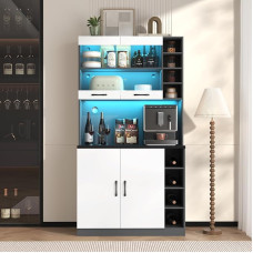 100 x 47 x 187 cm, virtuvės spintelė, bufetas, medinė virtuvės spintelė, didelė erdvė mikrobangų krosnelei, laisvai pastatoma, reguliuojamo aukščio šoniniai skyriai (balta + pilka)