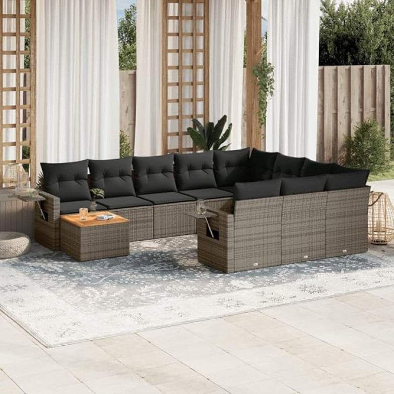 11-teilige Garten-Sofagarnitur Grau Poly Rattan mit Kissen und Akazienholz-Tisch - Gartensofa-Garnitur mit Ablageflächen