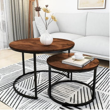 HOMERECOMMEND Round Coffee Table, Set of 2, Modern Side Table for Living Room, Round Wooden Coffee Table with Solid Powder Coated Metal Frame, Rustic Brown/Black