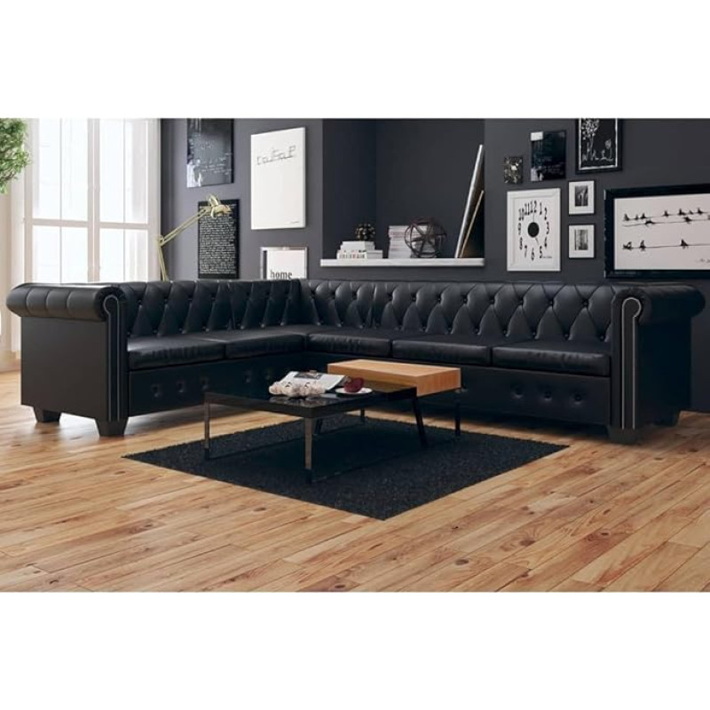 Česterfildo kampinė sofa 6 sėdimų vietų dirbtinės odos juoda sofa-lova gyvenamajam kambariui Miegamasis Butas Svečių kambarys Biuras