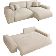 21001 Šiuolaikinė kampinė velvetinė sofa W 255 x H 165 x D 84 cm, su miego funkcija ir lovos dėže, bangų apatinis pakabinimas, L formos sofa gali būti montuojama į kairę arba į dešinę, gulimas paviršius 148 x 196 cm, virvės užvalkalas, smėlio spalvos