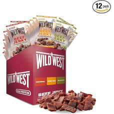 Wild West Beef Jerky, mišinio dėžutė, 60 g, 12 vnt., 4 x Original, 4 x Honey BBQ, 4 x Jalapeno, džiovintos jautienos džiovinta mėsa, baltymų užkandis