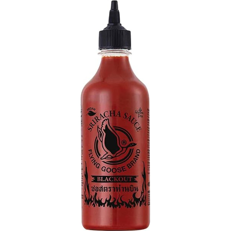 FLYING GOOSE Sriracha aitriųjų paprikų padažas Extra Sharp Extra Sharp Black Cap Extra aštrus prieskonių padažas iš Tailando 1 x 455ml