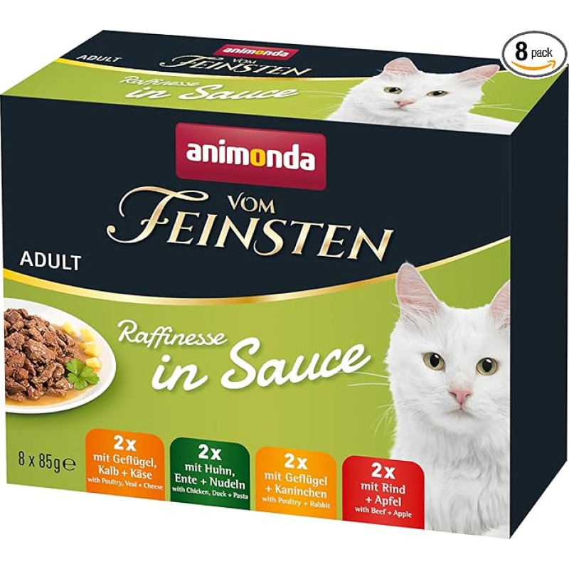 animonda vom Feinsten Premium katėms skirtas drėgnas kačių maistas Sophistication in Sauce, 8 porcijų maišeliai (8 x 85 g), aukštos kokybės drėgnas kačių maistas be cukraus, su šviežiais mėsos ingredientais
