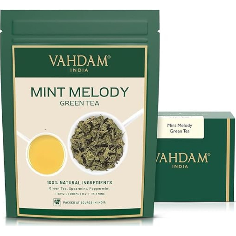 VAHDAM Mėtų žalioji arbata, pipirmėčių arbata su grynais žaliosios arbatos lapais, gaivinanti mėtų arbata, 200 g, 100 puodelių