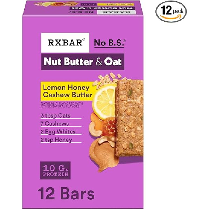RXBAR Nussbutter und Haferproteinriegel, baltyminiai užkandžiai, užkandžių užkandžiai, Zitronenhonig, anakardžių sviestas, 657,7 g dėžutė (12 Riegel)