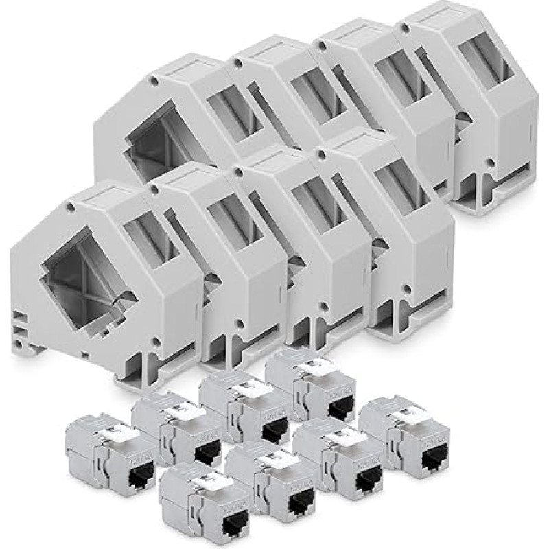 kwmobile Keystone modulių rinkinys CAT 6A su DIN bėgio adapteriu - 8x RJ45 DIN bėgio adapterio lizdas ekranuotas + 8x laikikliai DIN bėgiui - iki 10 Gbit/s tinklo lizdas be įrankių