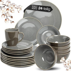 Moritz & Moritz SENSE 24-Piece Crockery Set for 6 People, Grey, Stylish Stoneware Crockery Set, Scratch, Microwave and Dishwasher Safe, Dining Set, Dinner Service, Crockery Service for 6 People