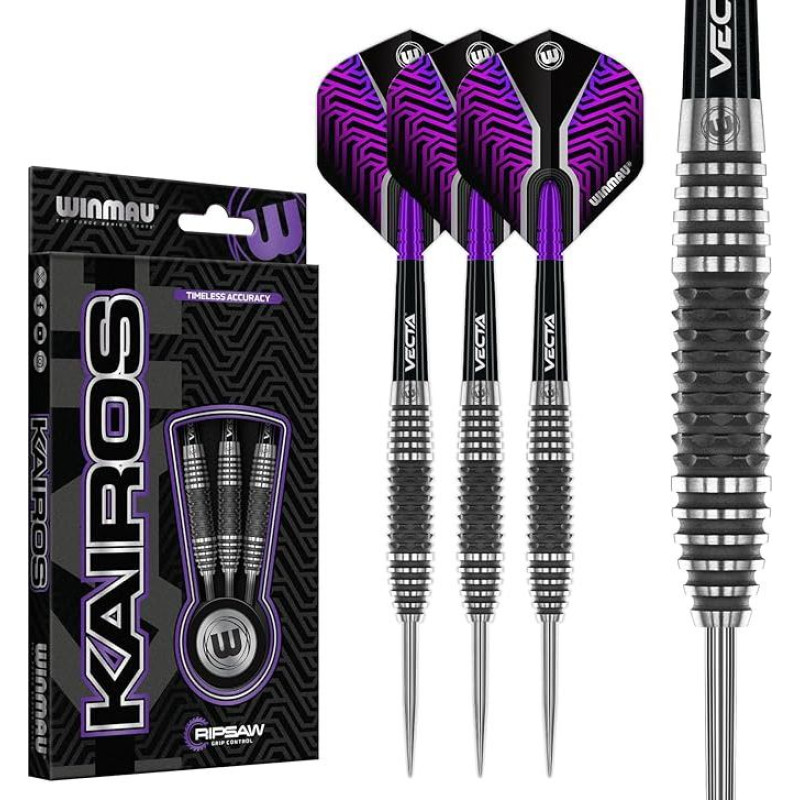 WINMAU Darts Kairos Series 90% Profesionalus volframo plieno antgalių strėlių rinkinys su strėlių skrituliukais ir strėlių koteliais - Trijų stilių 21g, 23g, 24g ir 26g svorio