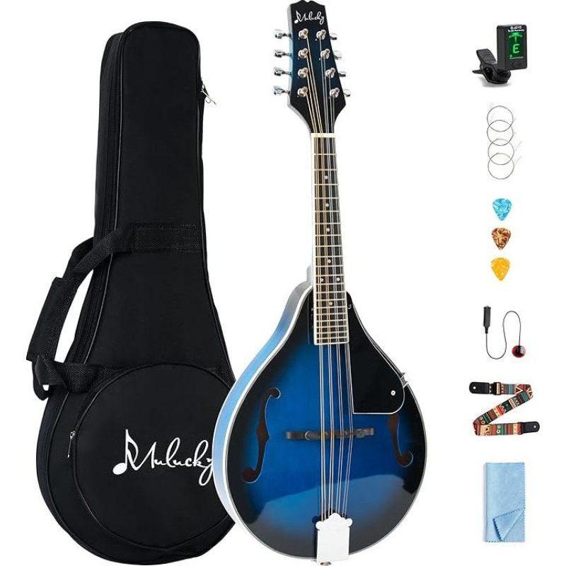 Mulucky A-Stil Mandoline Instrument, 8-saitige akustische Mandoline für Anfänger, Mahagoniholz Musikinstrument-Set mit Gigbag, digitalem Stimmgerät, Ersatzsaiten, Plektren, Blau