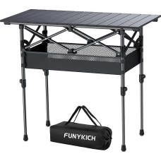 FUNYKICH sulankstomas stovyklavimo stalas, 82 x 40 cm, sulankstomas stalas su 2 reguliuojamo aukščio elementais (44/70 cm), lengvai surenkamas, nešiojamas sulankstomas stalas su tinklelio kišene, aliuminis, susukamas stalviršis griliui, stovyklavimui, vak