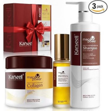 Karseell MACA PRIEŽIŪROS SISTEMOS RINKINYS Kolageno kaukė 500 ml + Argano aliejus 50 ml + Šampūnas 500 ml Plaukų atstatymas Profesionalus drėkintuvas Anti-Frizz Shine Effect Sausų pažeistų plaukų Maca Essence Complete Treatment